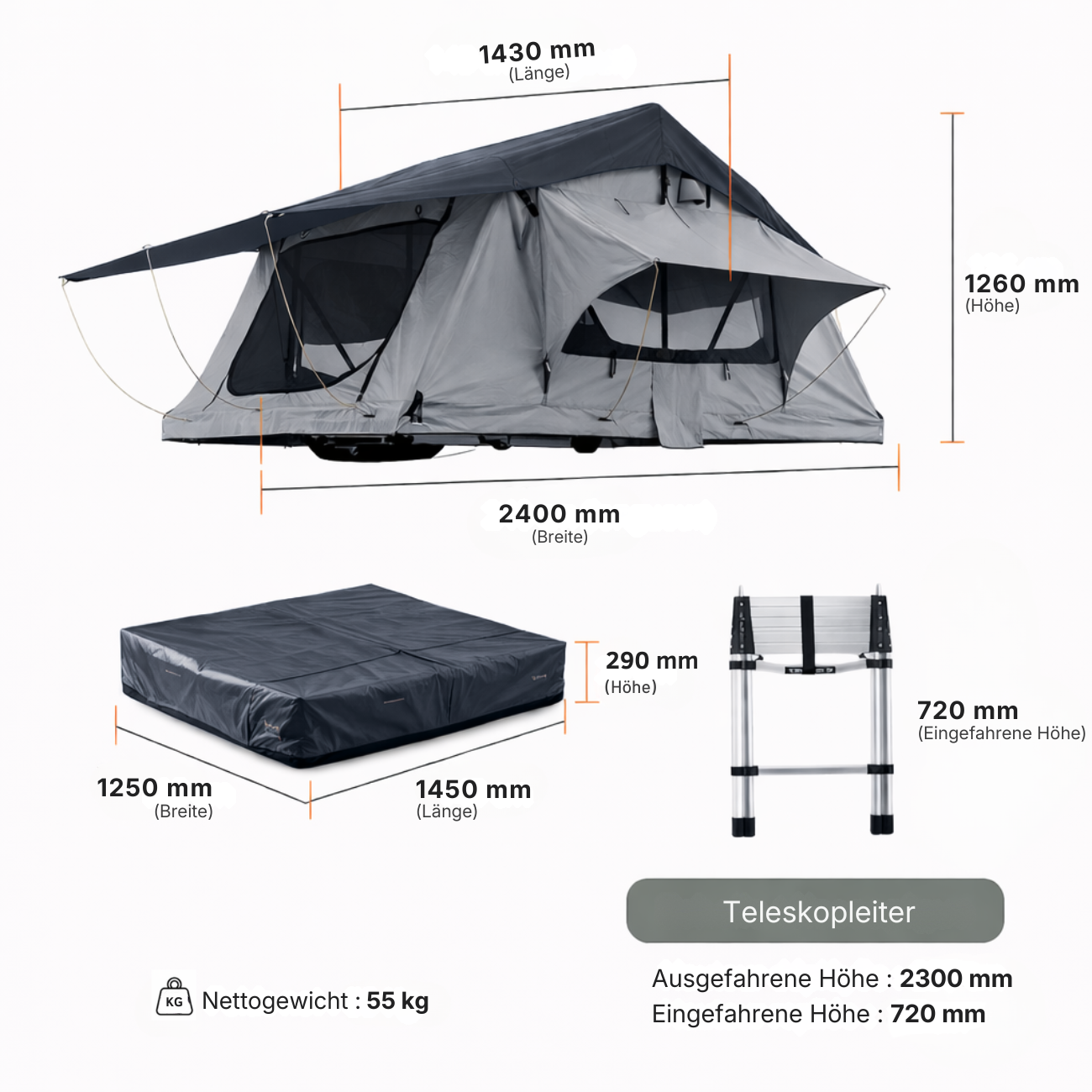 Tente de toit extensible Grise 3 places