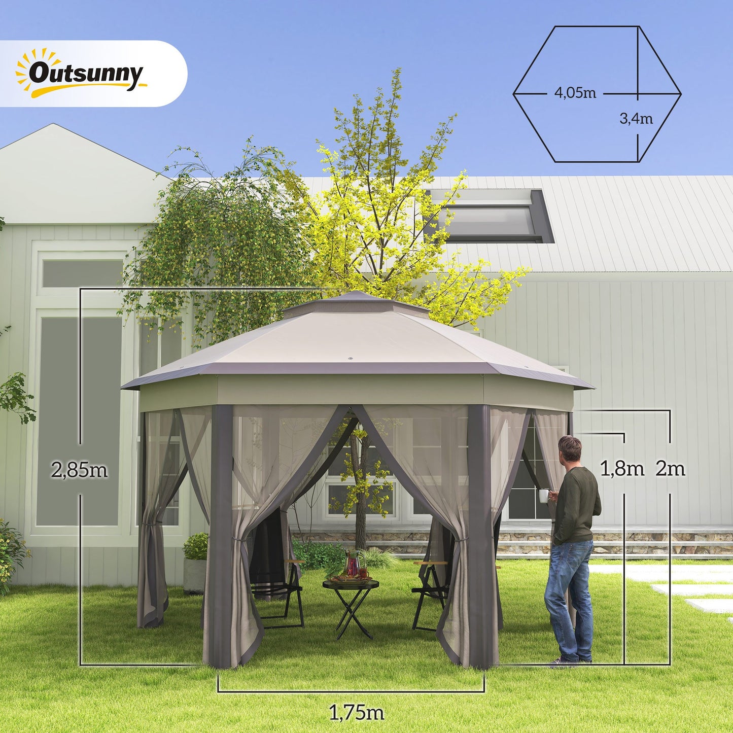 Outsunny garden pavilion folding pavilion with 6 sides double roof Coffee + beige Nova Oria