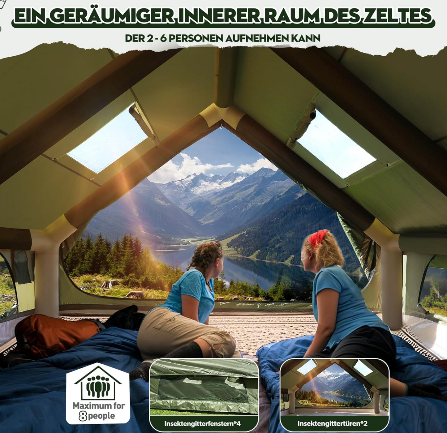 Aufblasbares Zelt 4-8 Personen ORIA – Camping, Wasserdicht, Schnell Aufbau, Familienzelt
