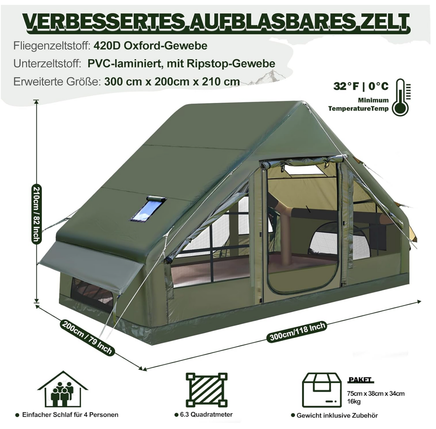 Aufblasbares Zelt 4–6 Personen ORIA – Camping, Wasserdicht, Schnell Aufbau, Familienzelt