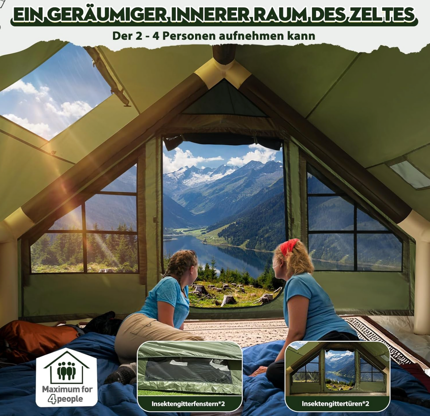 Aufblasbares Zelt 4–6 Personen ORIA – Camping, Wasserdicht, Schnell Aufbau, Familienzelt