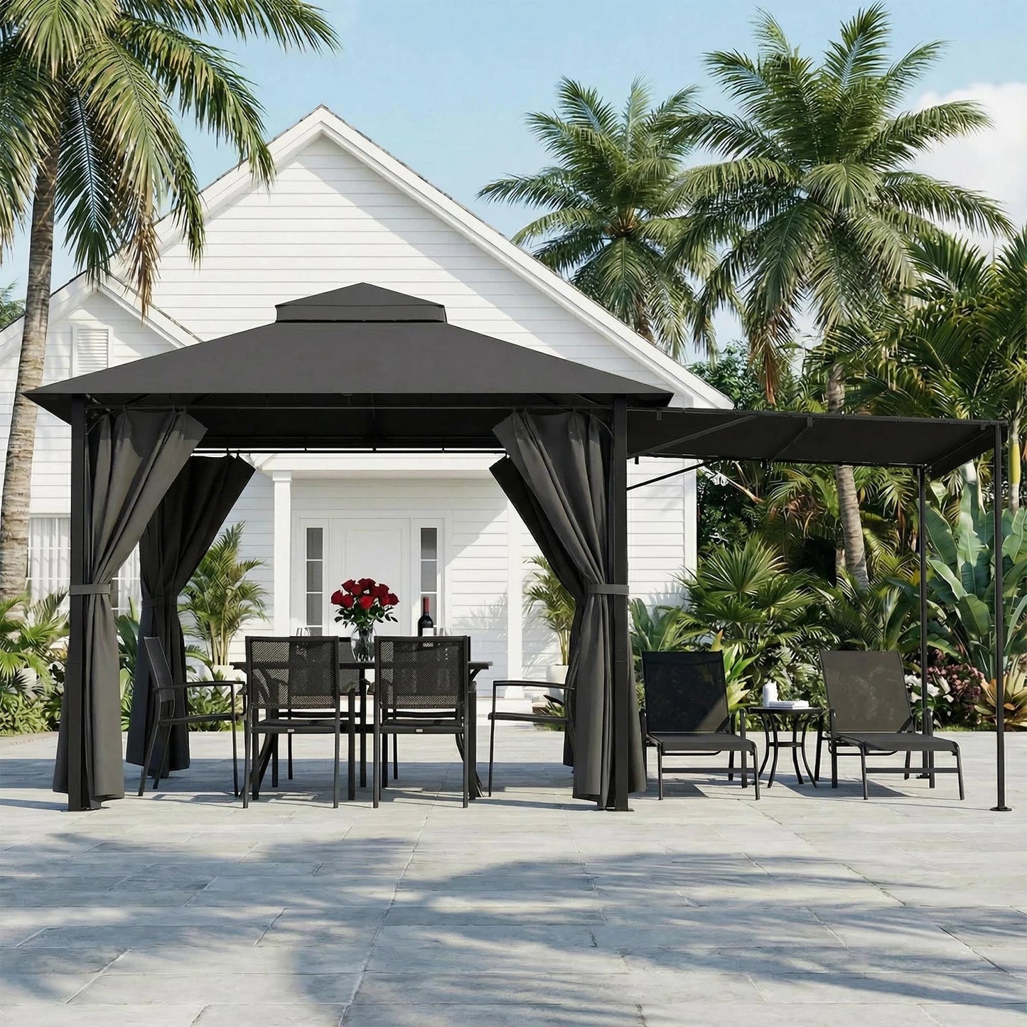 Devoko Premium pavilion with extendable side awning & double-layer roof incl. Mosquito net & Draperies for garden, Terrace Nova Oria