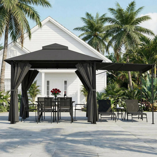 Devoko Premium pavilion with extendable side awning & double-layer roof incl. Mosquito net & Draperies for garden, Terrace Nova Oria