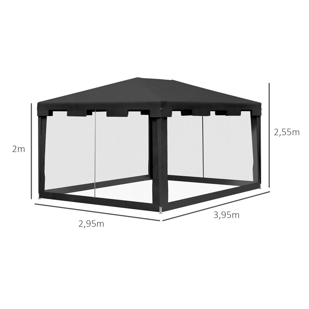 4x3m Garden Pavilion Party Tent with Mesh Side Walls, Metal PE Dark Grey for Balcony Terrace Parties & Outdoor Events Nova Oria