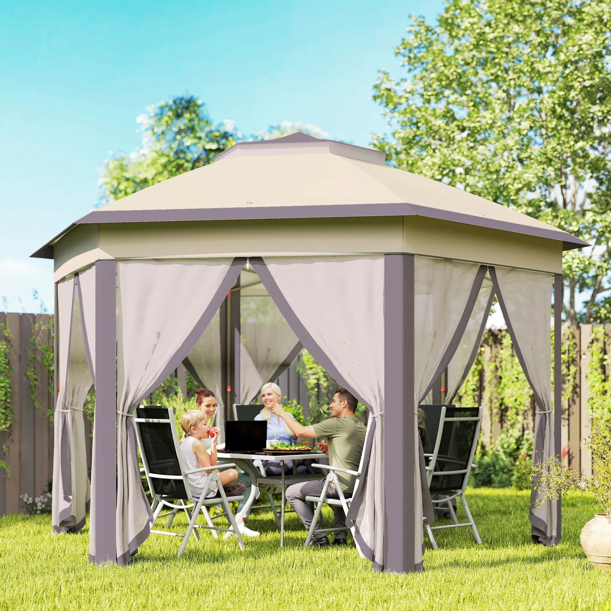 Outsunny garden pavilion folding pavilion with 6 sides double roof Coffee + beige Nova Oria