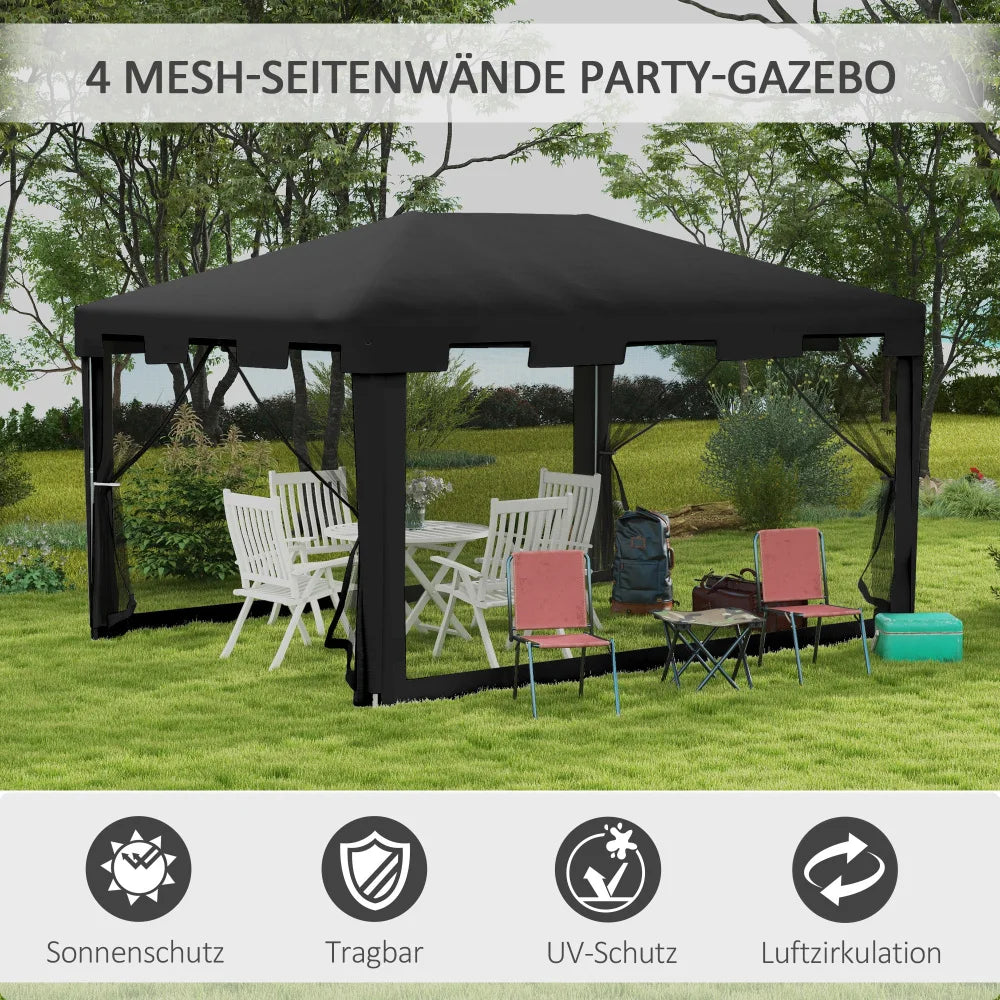 4x3m Garden Pavilion Party Tent with Mesh Side Walls, Metal PE Dark Grey for Balcony Terrace Parties & Outdoor Events Nova Oria
