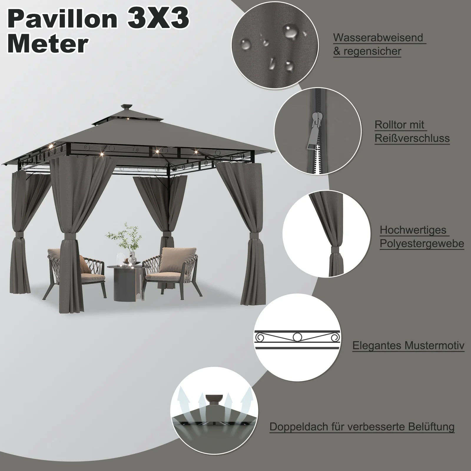 Devoko 3*3m Outdoor LED Light Pavilion Waterproof Sun Resistant Double Roof garden Roofing Nova Oria
