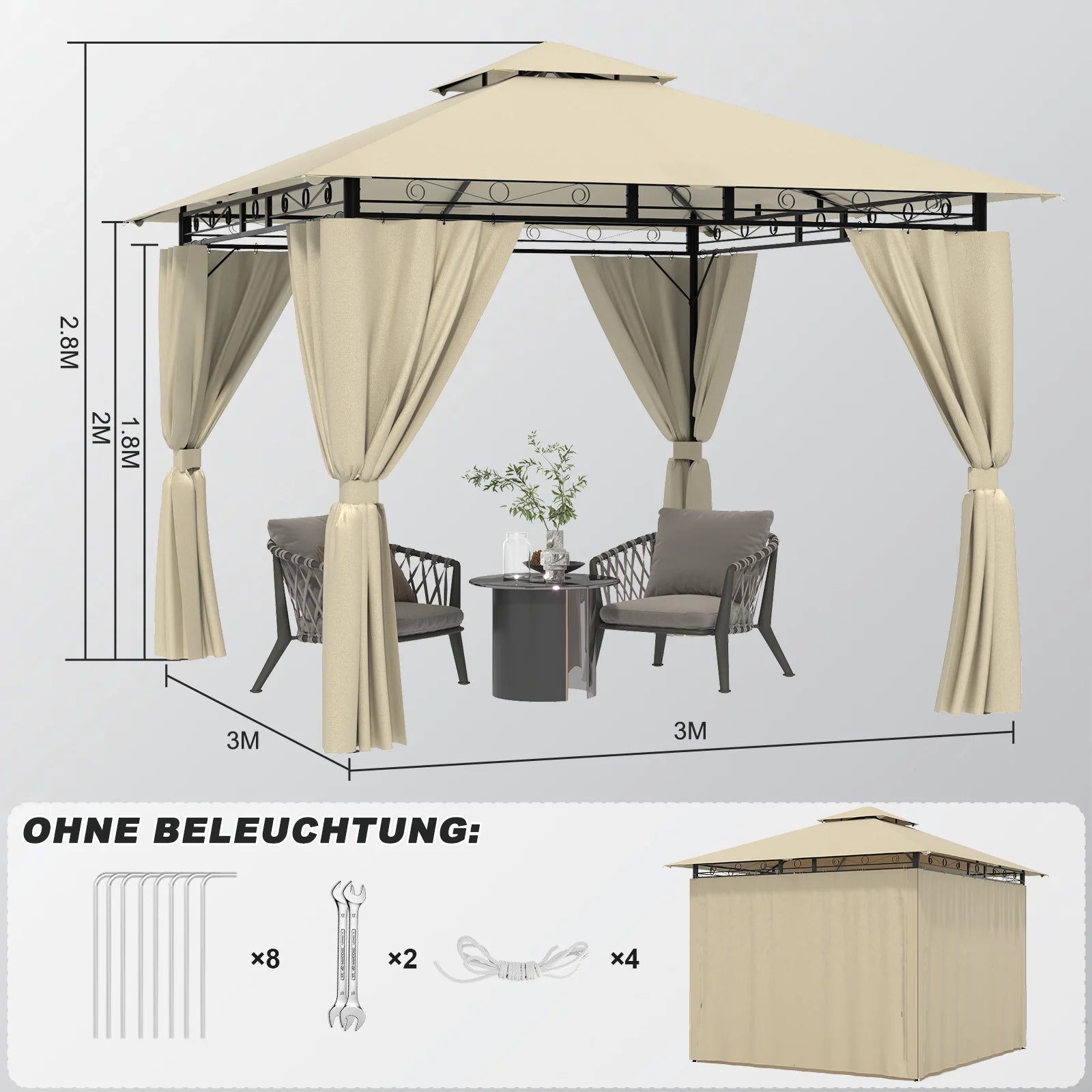 Devoko garden Pavilion 3x3 Meter Waterproof Deluxe Pavilion Party tent Metal Frame Double Wall Roof Design Nova Oria
