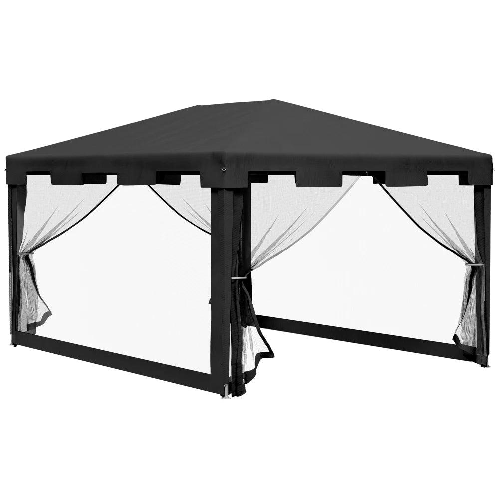 4x3m Garden Pavilion Party Tent with Mesh Side Walls, Metal PE Dark Grey for Balcony Terrace Parties & Outdoor Events Nova Oria
