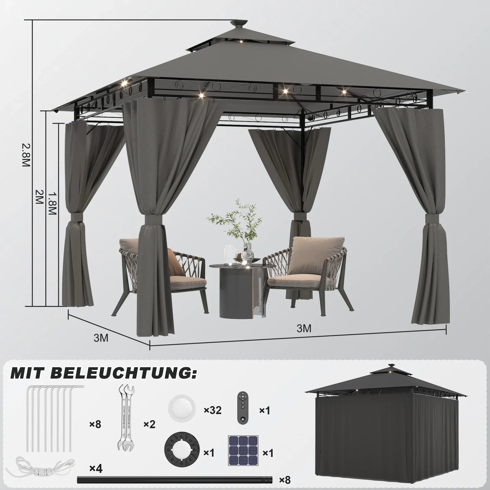Devoko 3*3m Outdoor LED Light Pavilion Waterproof Sun Resistant Double Roof garden Roofing Nova Oria