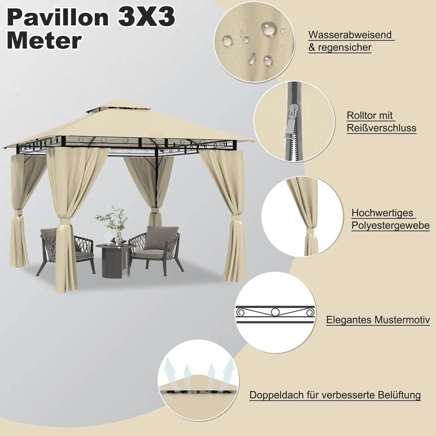 Devoko garden Pavilion 3x3 Meter Waterproof Deluxe Pavilion Party tent Metal Frame Double Wall Roof Design Nova Oria