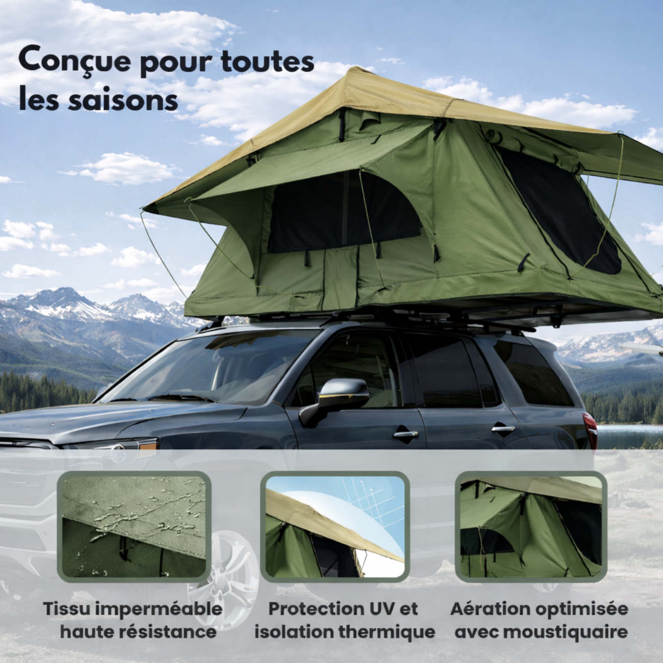 Tente de toit extensible Verte 3 places